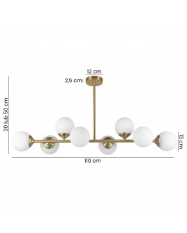 lampa wisząca złoto szczotkowane z ośmioma białymi kulami szkło mleczne wymiary 110 cm wysokość 30 lub 50 cm Lampit model FINO 8