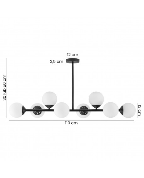 lampa wisząca czarna z ośmioma białymi kulami szkło mleczne wymiary 110 cm wysokość 30 lub 50 cm Lampit model FINO 8 LED