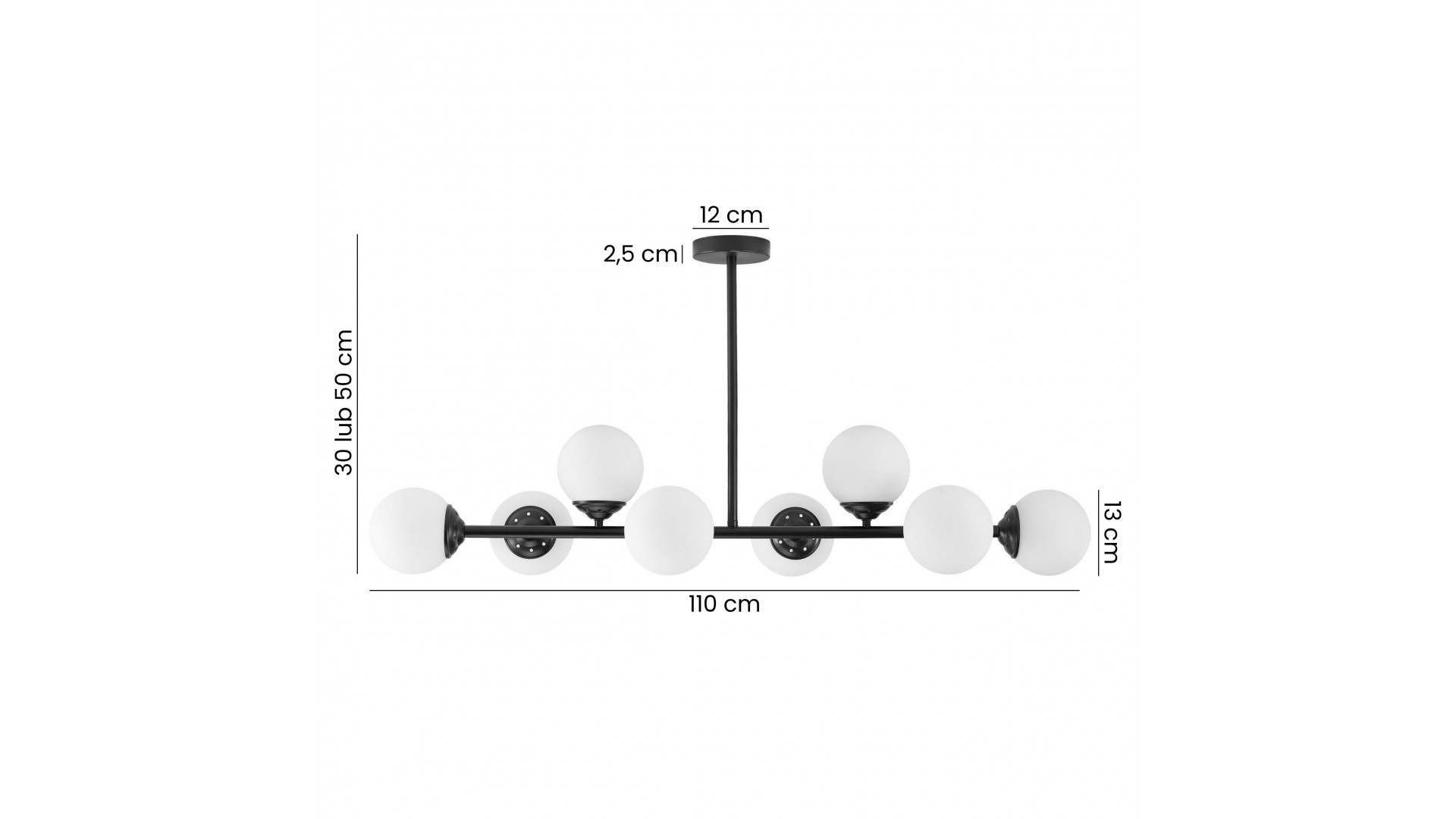 lampa wisząca czarna z ośmioma białymi kulami szkło mleczne wymiary 110 cm wysokość 30 lub 50 cm Lampit model FINO 8 LED