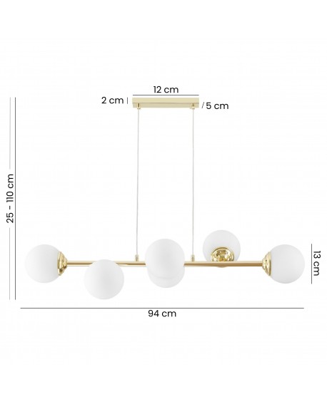 lampa wisząca złoto klasyczne z sześcioma białymi kulami szkło mleczne wymiary 94 cm wysokość 25 do 110 cm Lampit model FINO 6