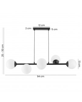 lampa wisząca sufitowa czarna z białymi kulami FINO 6 od Lampit szerokość 94 cm regulowana wysokość 25 110 cm