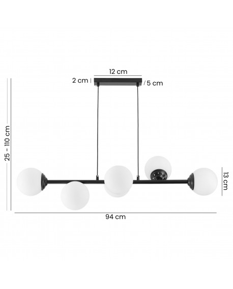 lampa wisząca sufitowa czarna z białymi kulami FINO 6 od Lampit szerokość 94 cm regulowana wysokość 25 110 cm