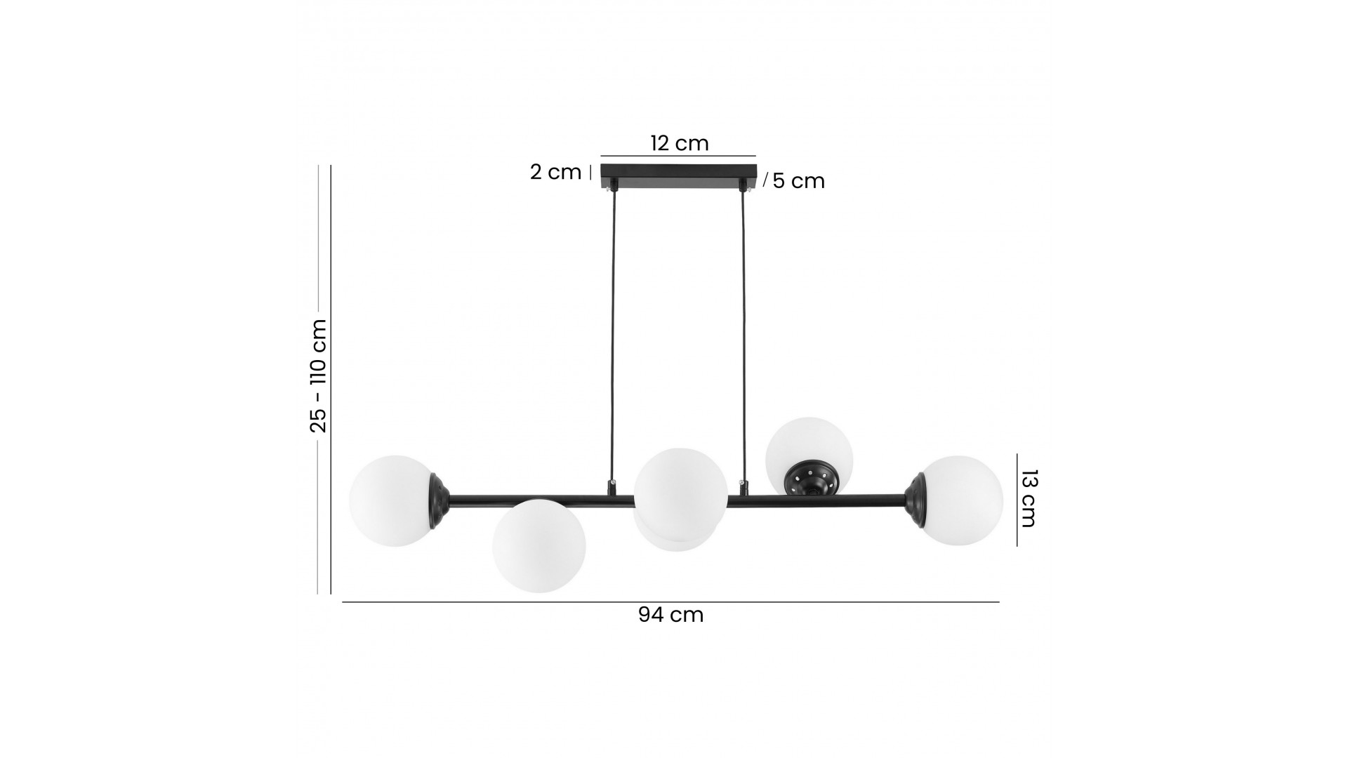 lampa wisząca sufitowa czarna z białymi kulami FINO 6 od Lampit szerokość 94 cm regulowana wysokość 25 110 cm