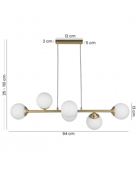 lampa wisząca sufitowa złoto szczotkowane z sześcioma kulami FINO 6 LED od Lampit szerokość 94 cm regulacja 25 - 110 cm
