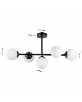 lampa sufitowa plafon czarna z pięcioma kulami FINO 5 od Lampit szerokość 77 cm wysokość 40 cm średnica klosza 13 cm