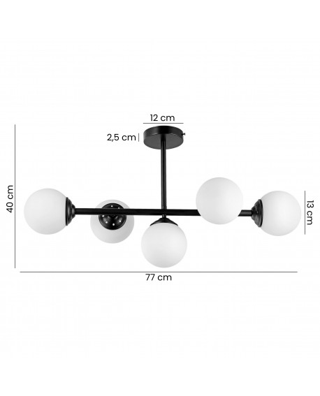 lampa sufitowa plafon czarna z pięcioma kulami FINO 5 od Lampit szerokość 77 cm wysokość 40 cm średnica klosza 13 cm
