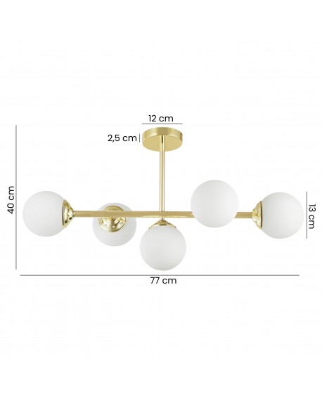 lampa sufitowa plafon złoto klasyczne z pięcioma kulami FINO 5 od Lampit szerokość 77 cm wysokość 40 cm klosze 13 cm