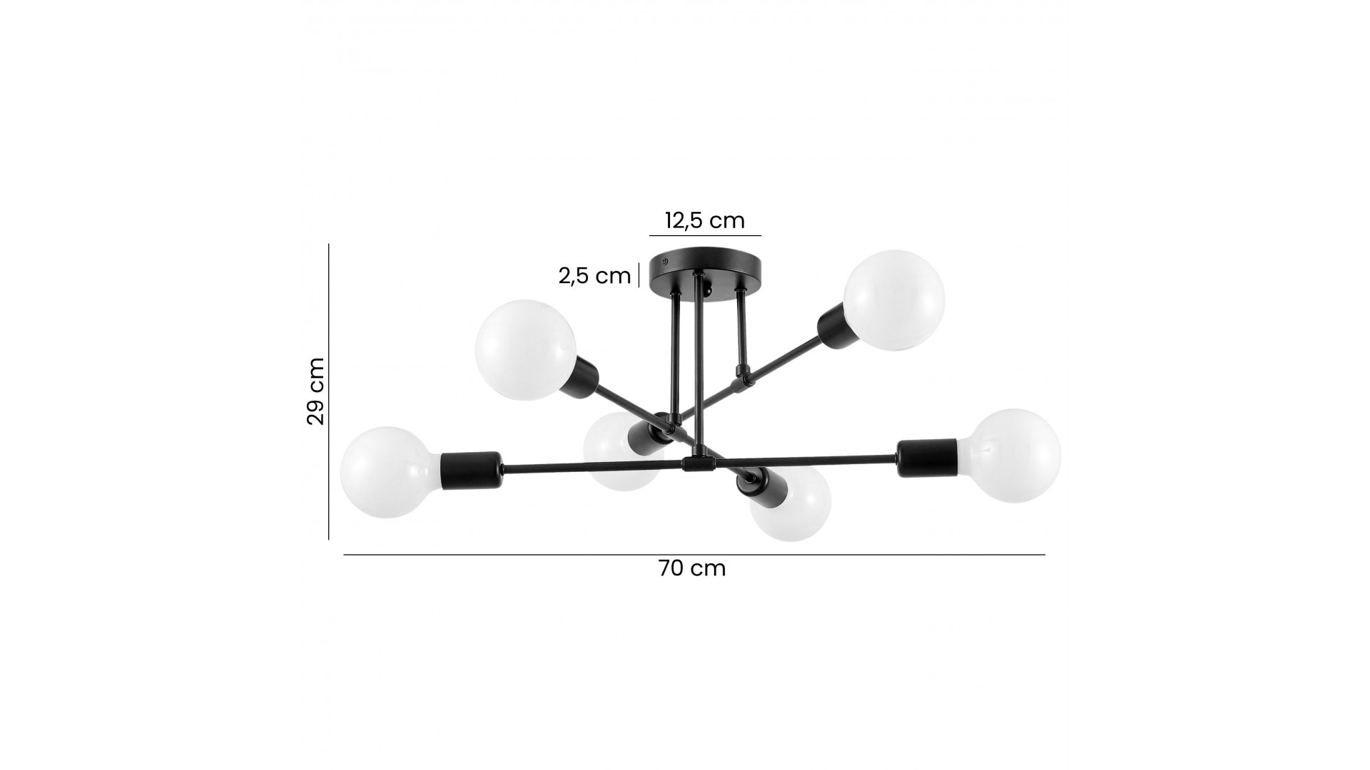 lampa sufitowa NOVA W6 od Lampit czarna sześć mlecznych kul szerokość 70 cm wysokość 29 cm średnica podsufitki 12,5 cm