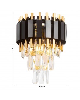 kinkiet RIVO W2 od Lampit czarno złota lampa ścienna kryształy 32 cm wysokość 25 cm szerokość z czarnymi listwami