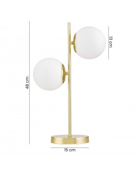 lampa biurkowa TESO W2 od Lampit klasyczne złoto dwie mleczne kule wysokość 48 cm podstawa 15 cm średnica klosza 13 cm