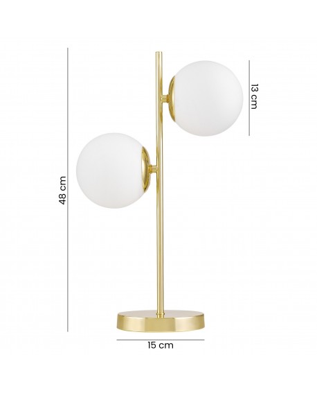 lampa biurkowa TESO W2 od Lampit klasyczne złoto dwie mleczne kule wysokość 48 cm podstawa 15 cm średnica klosza 13 cm