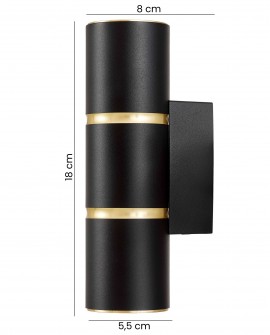 czarny kinkiet ASTI W2 marki Lampit o wysokości 18 cm i szerokości 8 cm ze złotymi ringami na ścianę