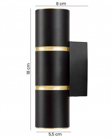 czarny kinkiet ASTI W2 marki Lampit o wysokości 18 cm i szerokości 8 cm ze złotymi ringami na ścianę