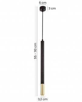 czarna lampa wisząca tuba slim ze złotą końcówką widok z wymiarami regulowana wysokość zwisu oświetlenie sufitowe Lampit