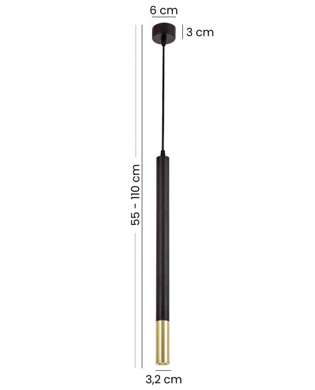 czarna lampa wisząca tuba slim ze złotą końcówką widok z wymiarami regulowana wysokość zwisu oświetlenie sufitowe Lampit