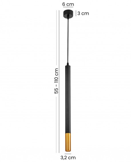 czarna lampa wisząca tuba slim ze mosiężną końcówką widok z wymiarami regulowana wysokość zwisu oświetlenie sufitowe Lampit