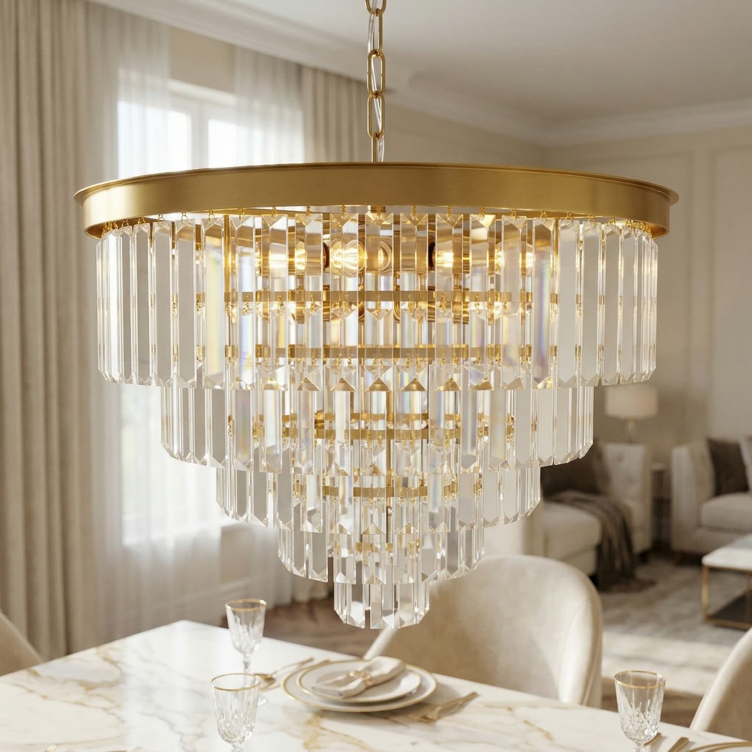 Kryształowy złoty szczotkowany żyrandol Capria marki Lumina Deco w jasnej jadalni glamour