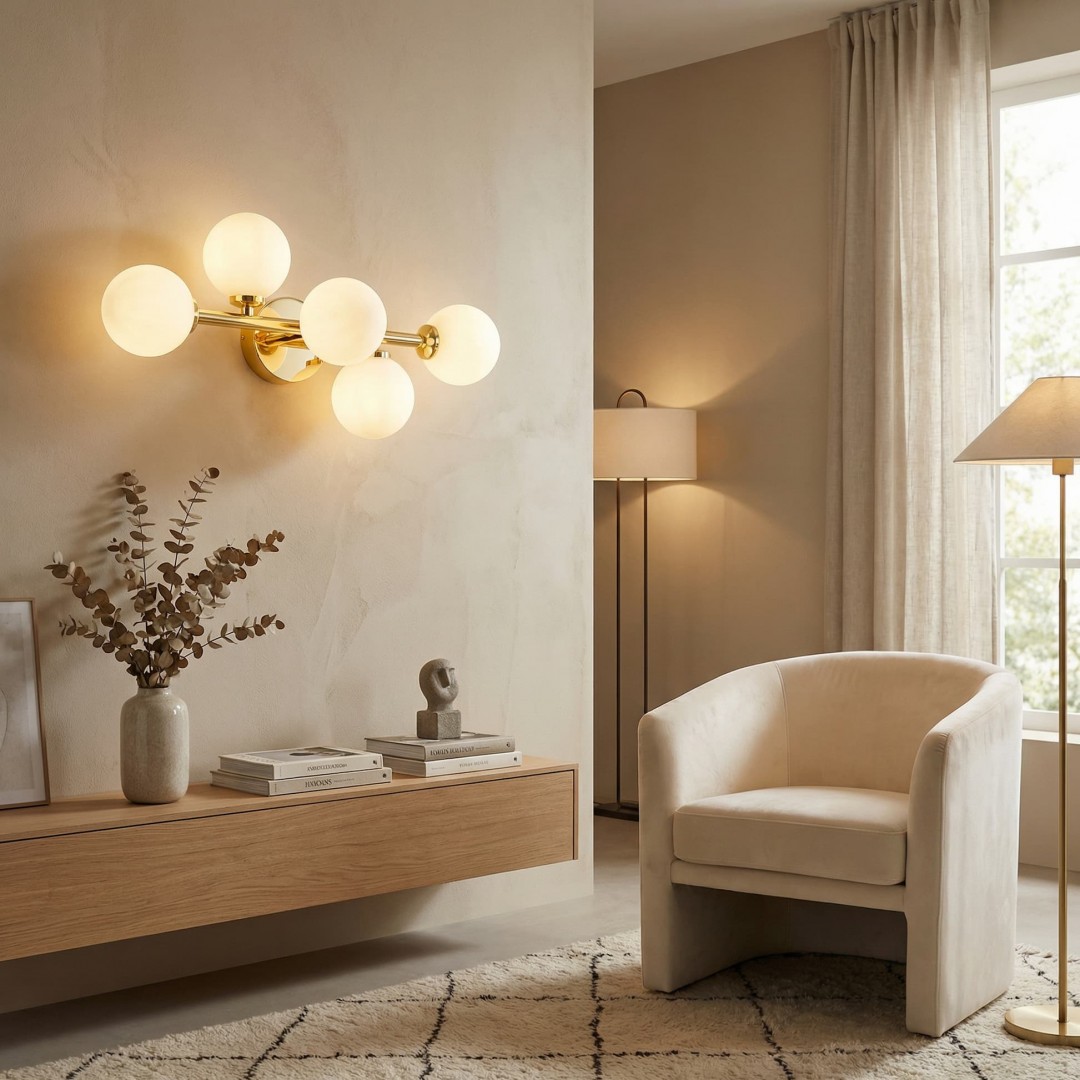 kinkiet nowoczesny zlota marsiada 5 z bialymi kulami lumina deco