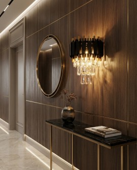 kinkiet RIVO W2 od Lampit czarno złota lampa ścienna z pionowymi czarnymi listwami i wiszącymi kryształami