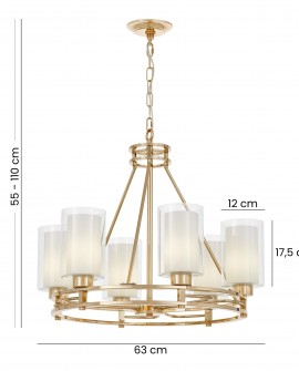 złoty żyrandol wiszący z sześcioma szklanymi kloszami średnica 63 cm regulowana wysokość 55 do 110 cm marka Lumina Deco