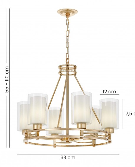 złoty żyrandol wiszący z sześcioma szklanymi kloszami średnica 63 cm regulowana wysokość 55 do 110 cm marka Lumina Deco