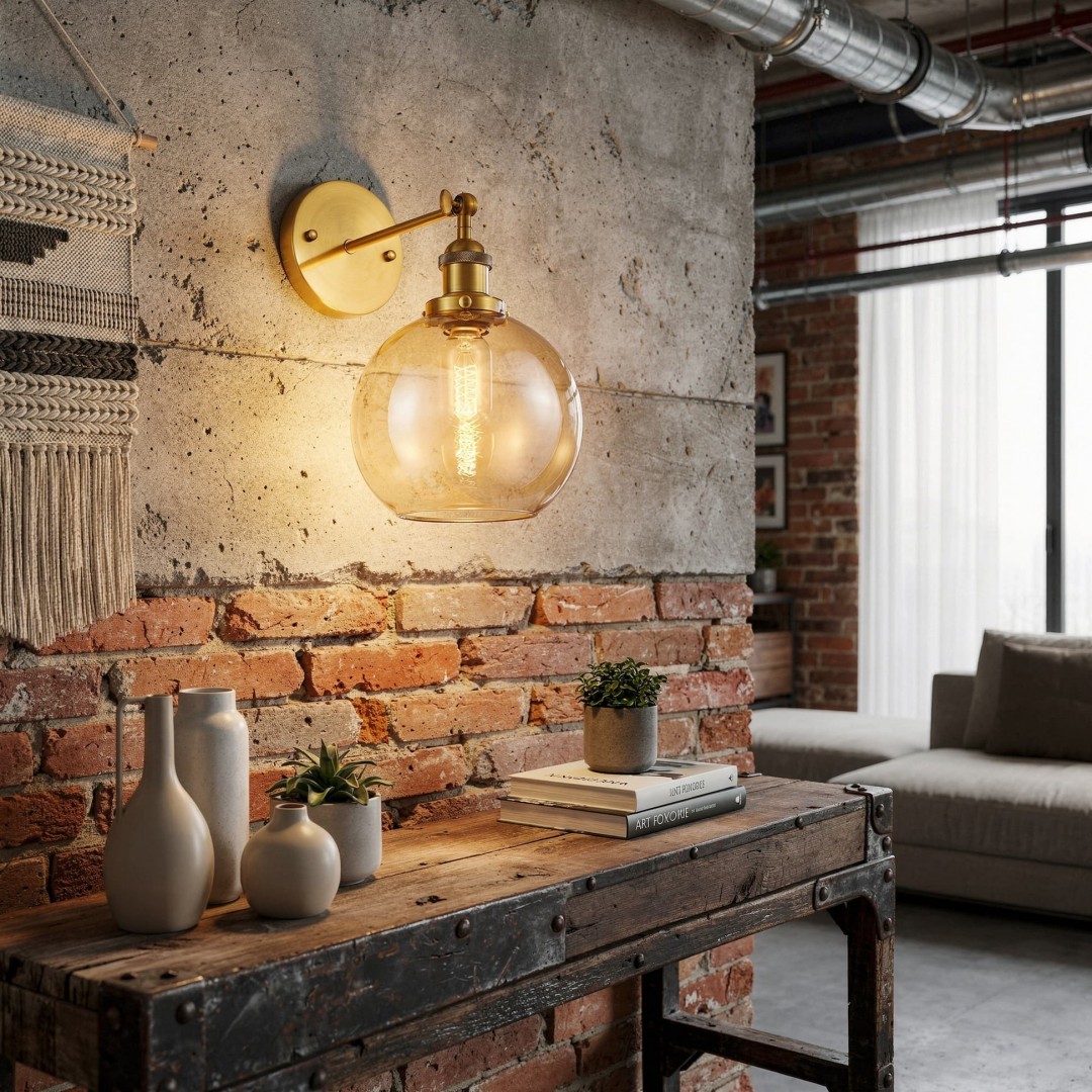 LAMPA ŚCIENNA KINKIET LOFT ZŁOTO SZCZOTKOWANE BURSZTYNOWA NAVARRO