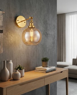 LAMPA ŚCIENNA KINKIET LOFT ZŁOTO SZCZOTKOWANE BURSZTYNOWA NAVARRO