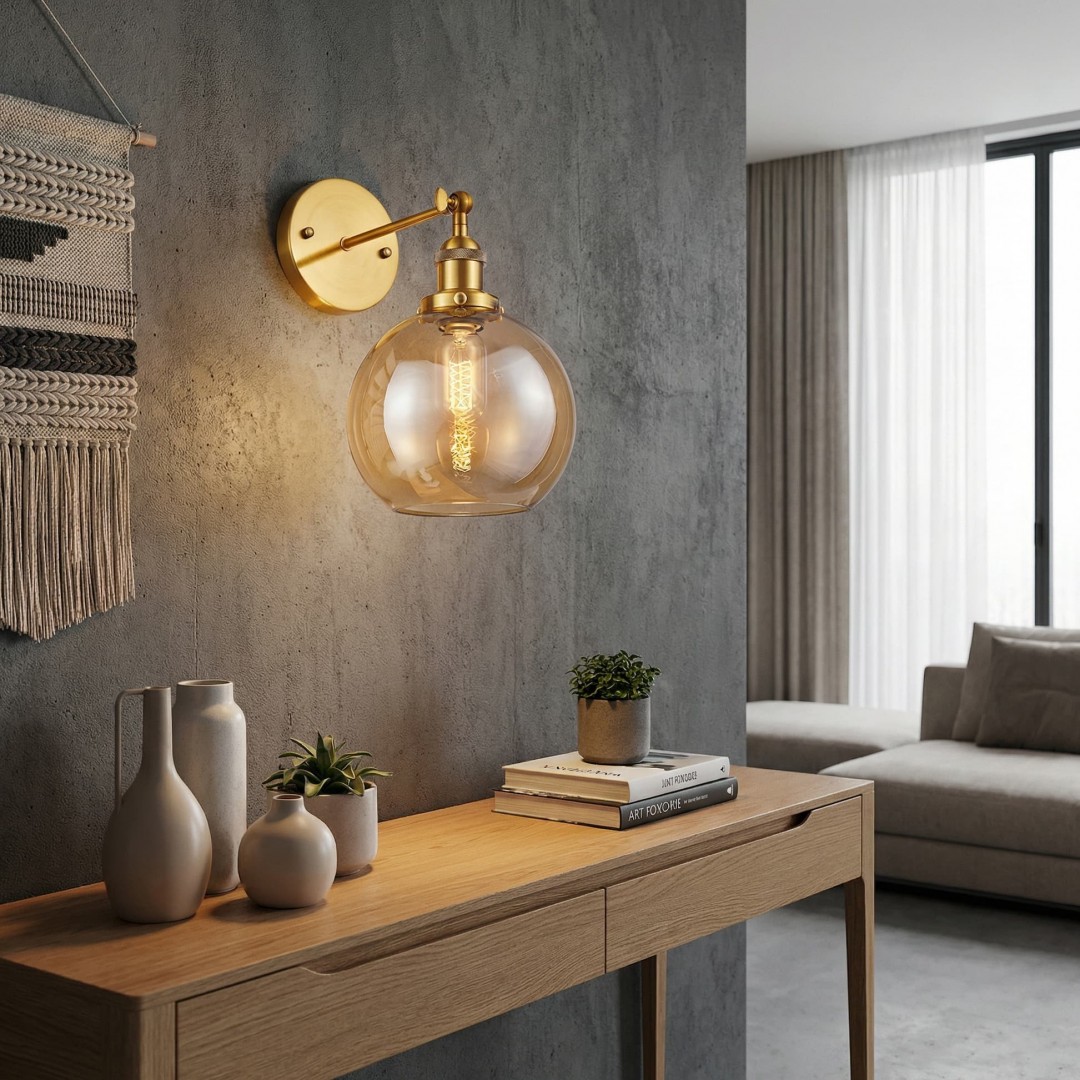 LAMPA ŚCIENNA KINKIET LOFT ZŁOTO SZCZOTKOWANE BURSZTYNOWA NAVARRO