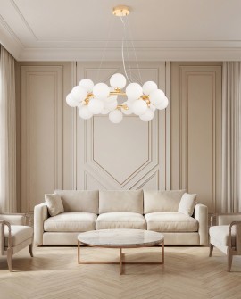 lampa wisząca Marsiada 25 Lumina Deco z dwudziestoma pięcioma białymi kulami na złotej konstrukcji eleganckie oświetlenie