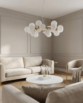 lampa wisząca nowoczesna mosiężna Marsiada 25 lumina deco z białymi kulami widok frontowy