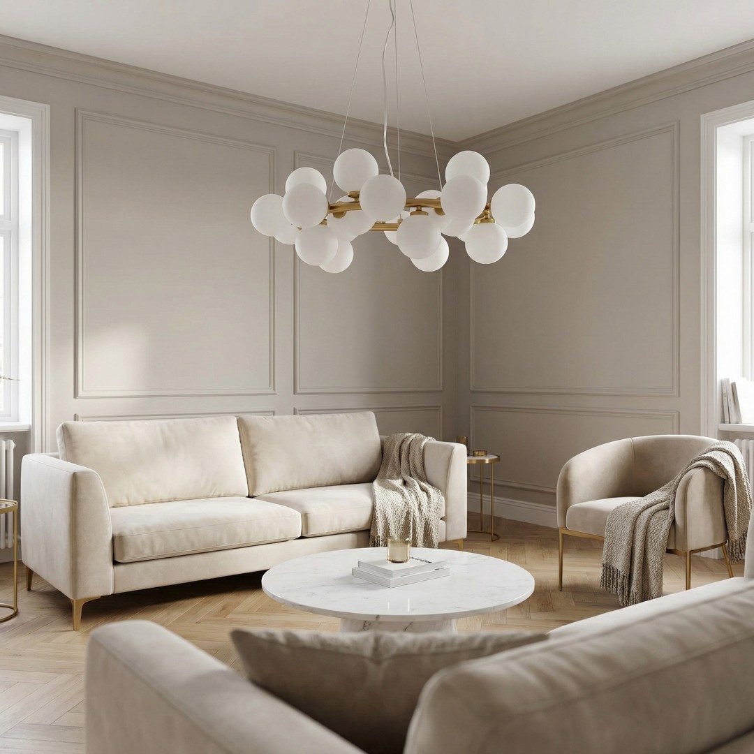 lampa wisząca nowoczesna złota szczotkowana Marsiada 25 lumina deco z białymi kulami widok frontowy