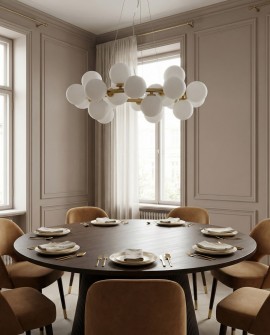 lampa wisząca nowoczesna mosiężna Marsiada 25 lumina deco z białymi kulami widok frontowy