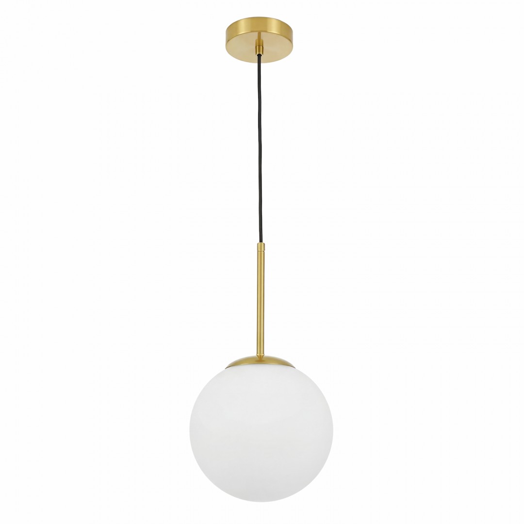 lampa wisząca złota szczotkowana fredica 20 lumina deco z białą kulą na białym tle