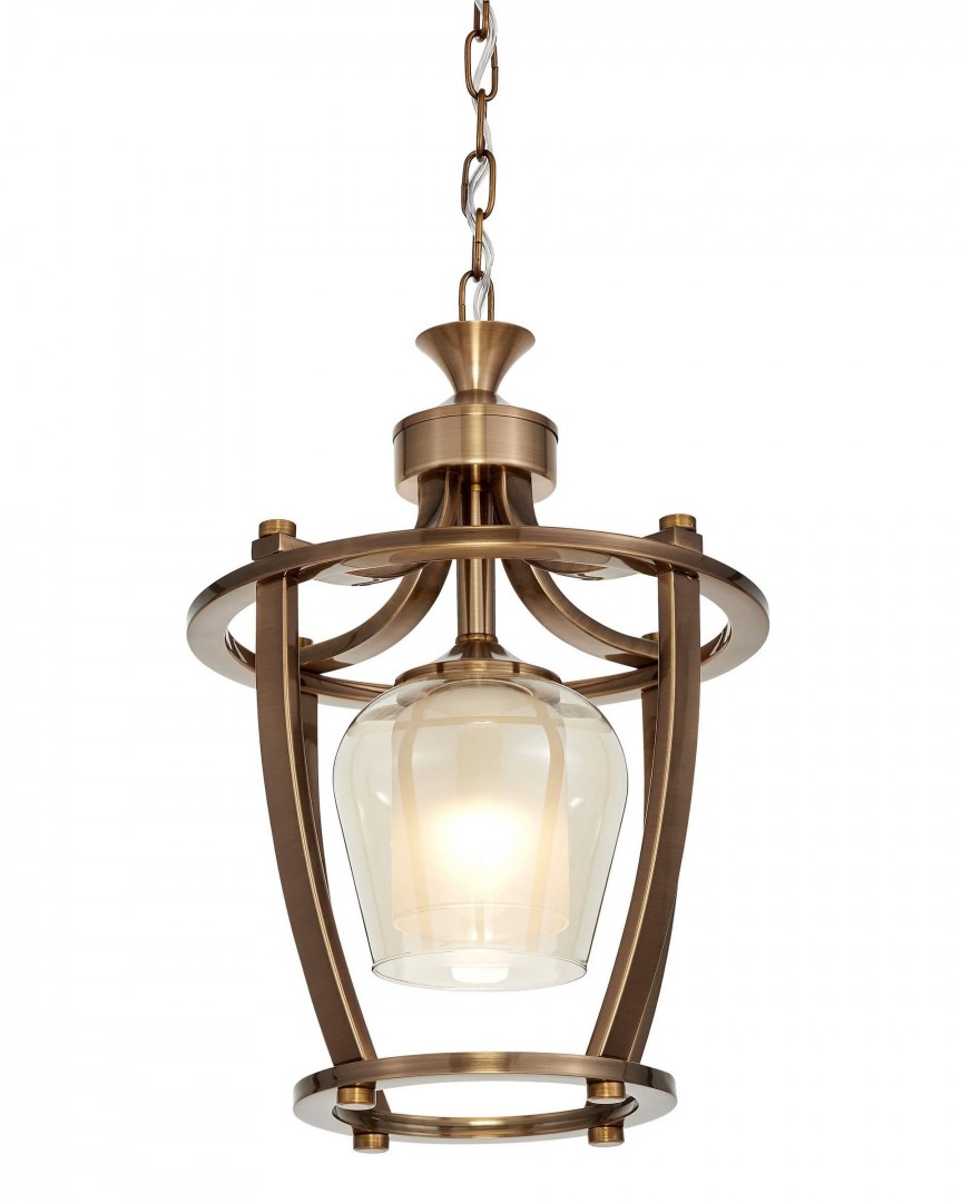 Lampa wisząca ze złotą ramą i szklanym kloszem w stylu art deco