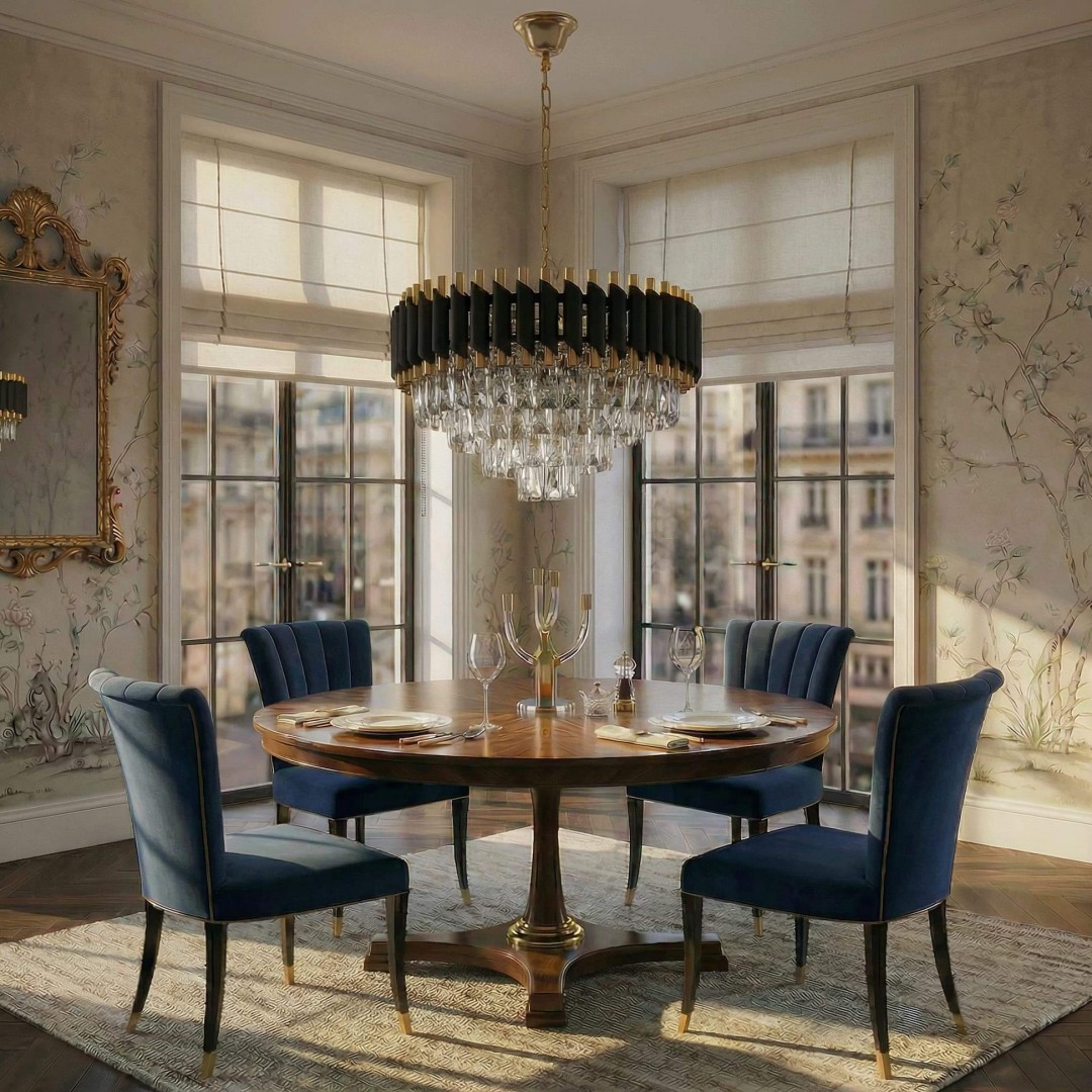 Lampa wisząca żyrandol kryształowy czarno-złoty Mazini D50 Lumina Deco na białym tle, eleganckie oświetlenie do salonu
