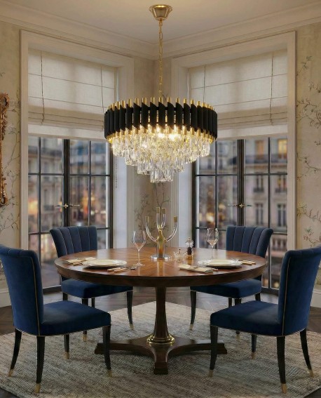 Lampa wisząca żyrandol kryształowy czarno-złoty Mazini D50 Lumina Deco na białym tle, eleganckie oświetlenie do salonu