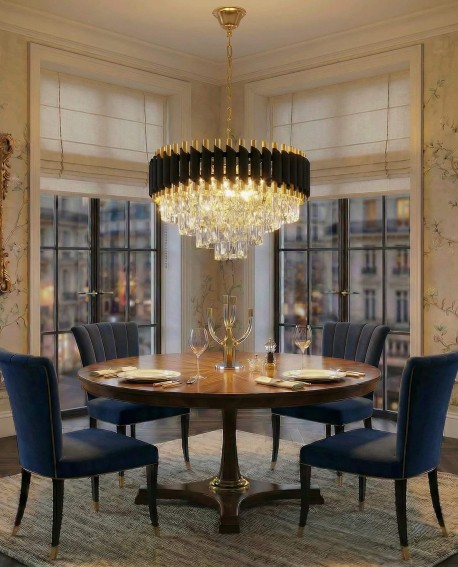 Lampa wisząca żyrandol kryształowy czarno-złoty Mazini D50 Lumina Deco na białym tle, eleganckie oświetlenie do salonu