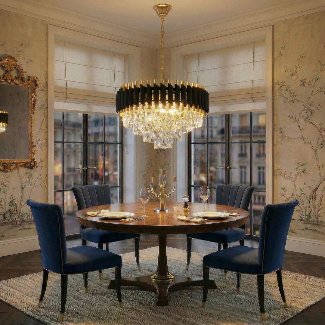 Lampa wisząca żyrandol kryształowy czarno-złoty Mazini D50 Lumina Deco na białym tle, eleganckie oświetlenie do salonu