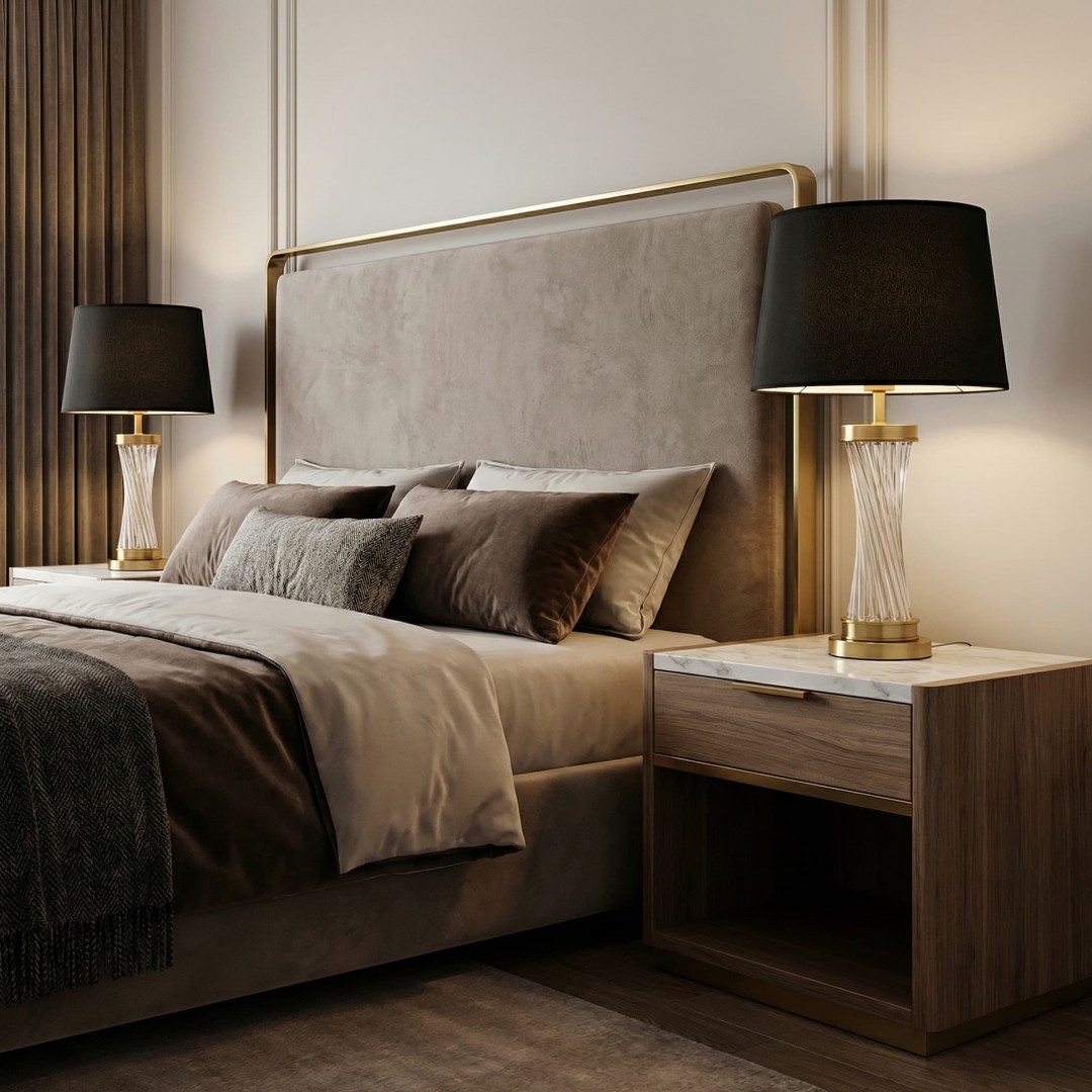 lampa stołowa glamour czarno-złota szczotkowana Villanova Lumina Deco z czarnym abażurem