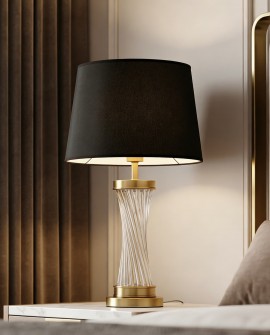 lampa stołowa glamour czarno-mosiężna Villanova Lumina Deco z czarnym abażurem