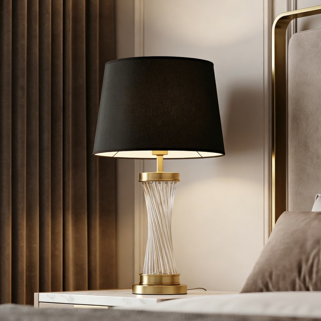 lampa stołowa glamour czarno-złota szczotkowana Villanova Lumina Deco z czarnym abażurem