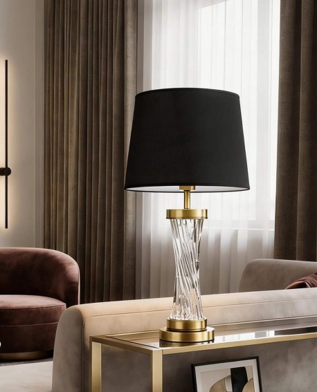 lampa stołowa glamour czarno-mosiężna Villanova Lumina Deco z czarnym abażurem