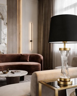 lampa stołowa glamour czarno-mosiężna Villanova Lumina Deco z czarnym abażurem