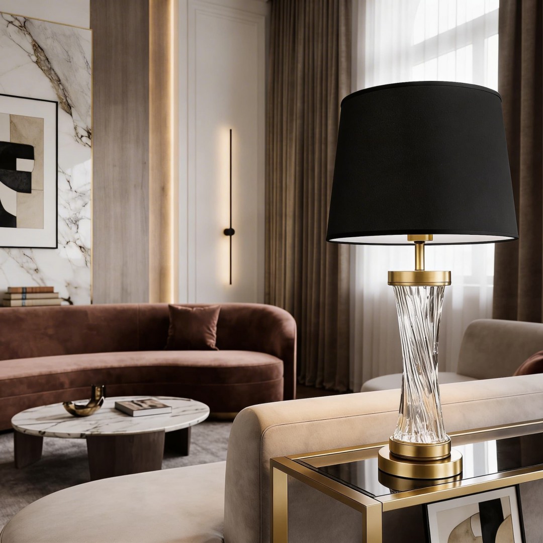 lampa stołowa glamour czarno-złota szczotkowana Villanova Lumina Deco z czarnym abażurem