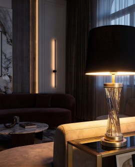 lampa stołowa glamour czarno-mosiężna Villanova Lumina Deco z czarnym abażurem