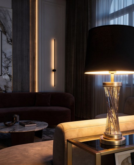 lampa stołowa glamour czarno-mosiężna Villanova Lumina Deco z czarnym abażurem