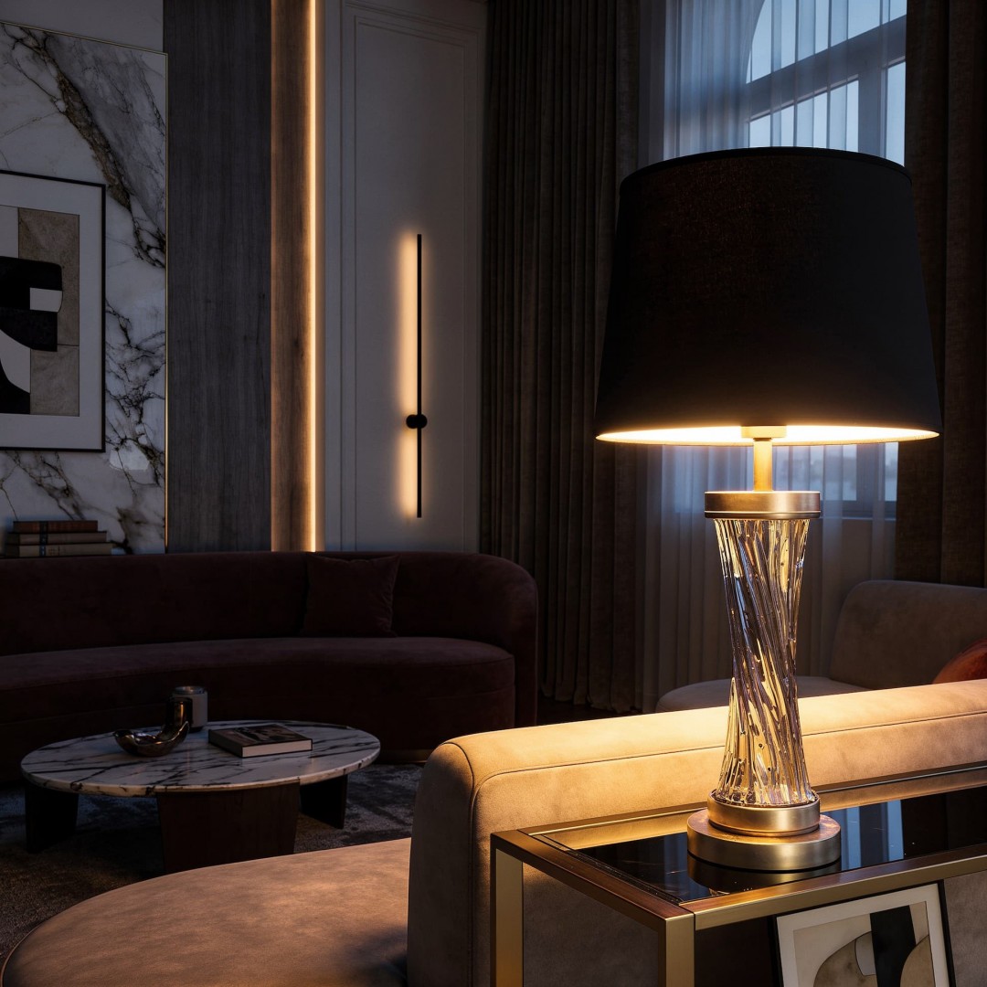lampa stołowa glamour czarno-złota szczotkowana Villanova Lumina Deco z czarnym abażurem