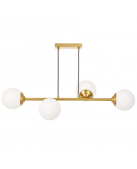 lampa wisząca szczotkowane złoto z białymi kulami do salonu eleganckie oświetlenie wnętrza cztery klosze szklane Lampit