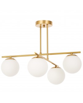 złota lampa wisząca z czterema białymi kulami na poziomym stelażu