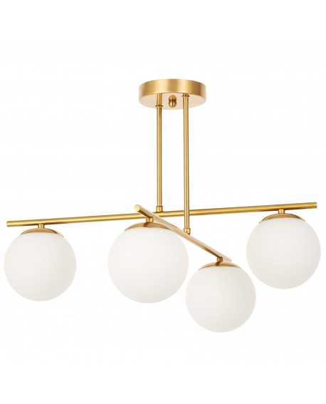 złota lampa wisząca z czterema białymi kulami na poziomym stelażu